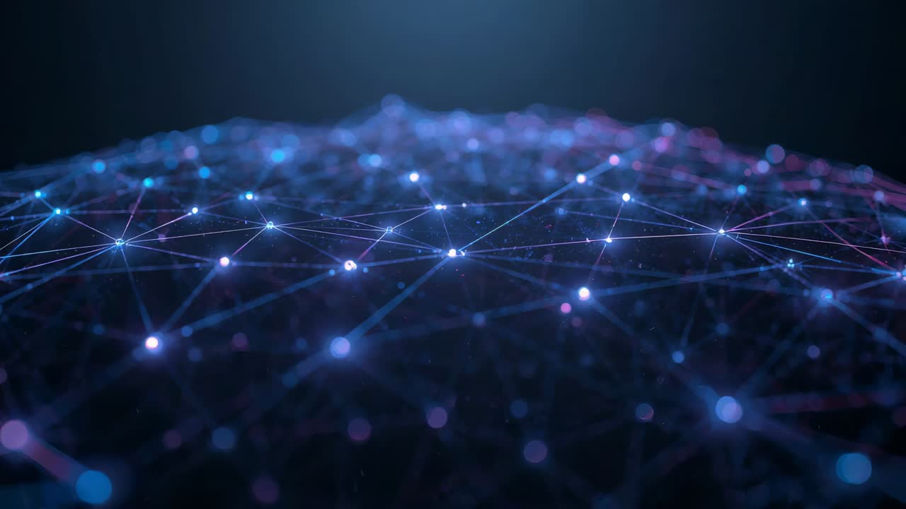 Rolling dolly forward, revealing mid-ground mesh in dark void with glowing nodes and thin lines