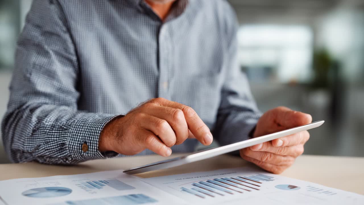 A focused individual analyzes data on a tablet while reviewing detailed graphical reports, showcasing the significant role of technology in modern data analysis and business planning