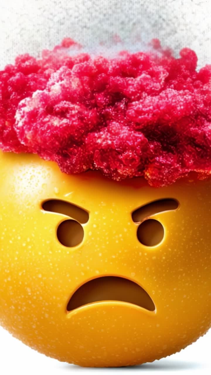 Un emoji enojado de color amarillo vibrante con un adorno rosa esponjoso en la cabeza, capturando una emoción intensa, perfecto para expresar frustración o ira en diversos contextos.