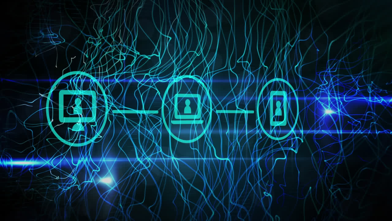 animación de iconos conectados sobre llamaradas de lente y patrones de ondas en fondo negro