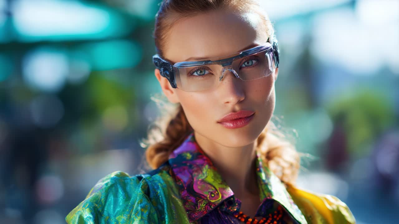 Una giovane donna sicura di sé, con abiti colorati ed eleganti occhiali, mette in mostra scelte di moda audaci su uno sfondo urbano luminoso in due diverse inquadrature