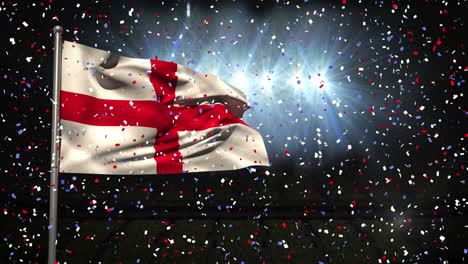 animación de confeti cayendo sobre la bandera ondeando de inglaterra contra las luces en un estadio vacío