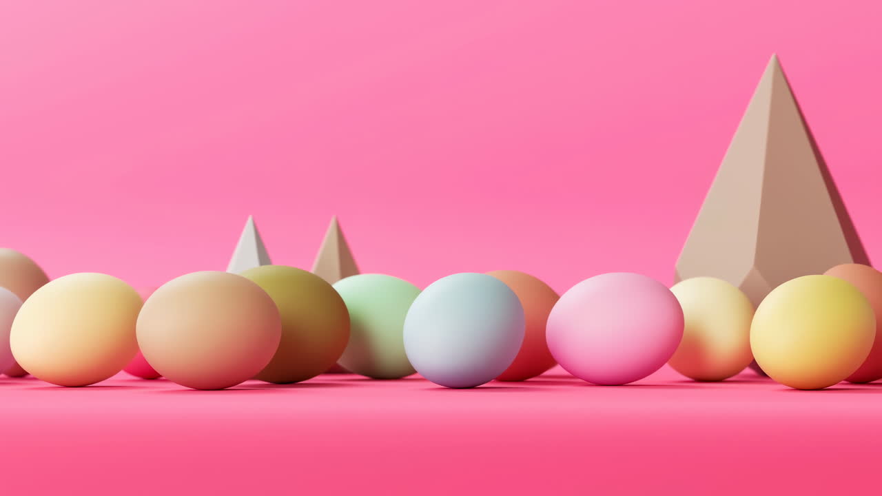 Pastel Spheres And Cones On Pink Backdrop With Pyramid, Soft Studio Lighting, Glossy And Matte Finishes,