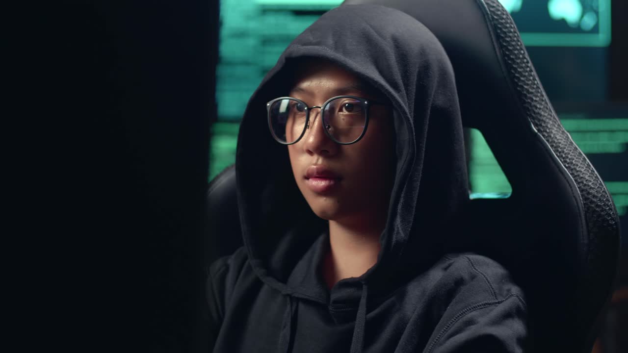 Asian Boy Hacker Using Computer Hacking And Celebrating