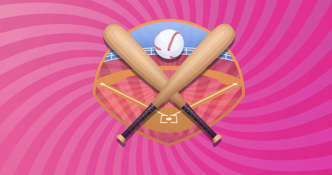 Ved oppstart, stilisert baseball-logo sentrert på rosa virvelbakgrunn som viser lagets merkevare.