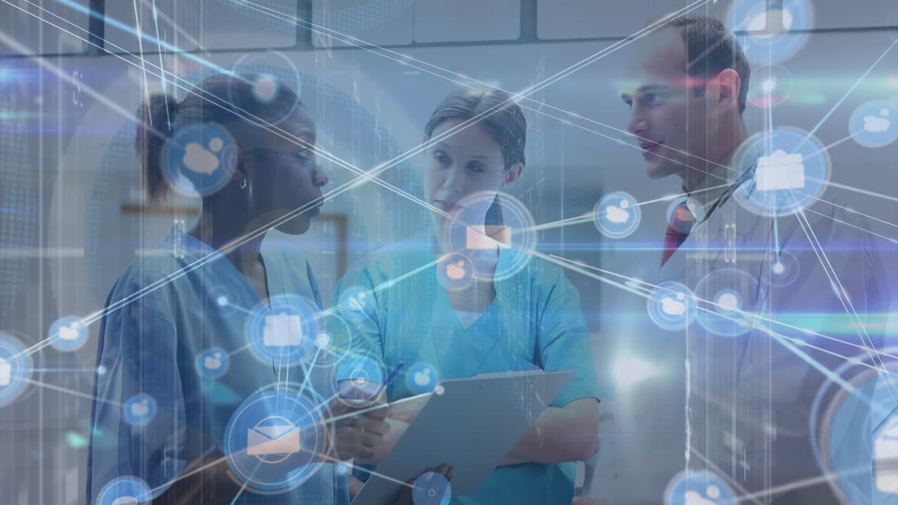 다양한 의사들에 대한 아이콘과 빛의 흔적과 연결망의 애니메이션