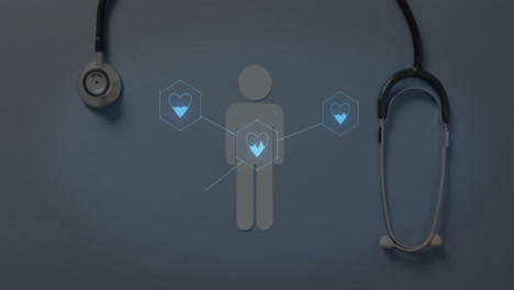 Animation of network of connections with icons over figure and stethoscope on blue background
