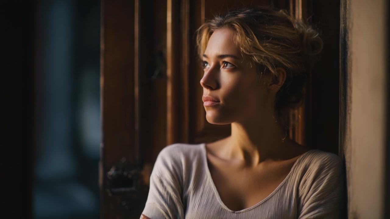 A contemplative young woman gazes thoughtfully into the distance, illuminated by soft light, capturing a moment of introspection and serenity against a wooden backdrop.