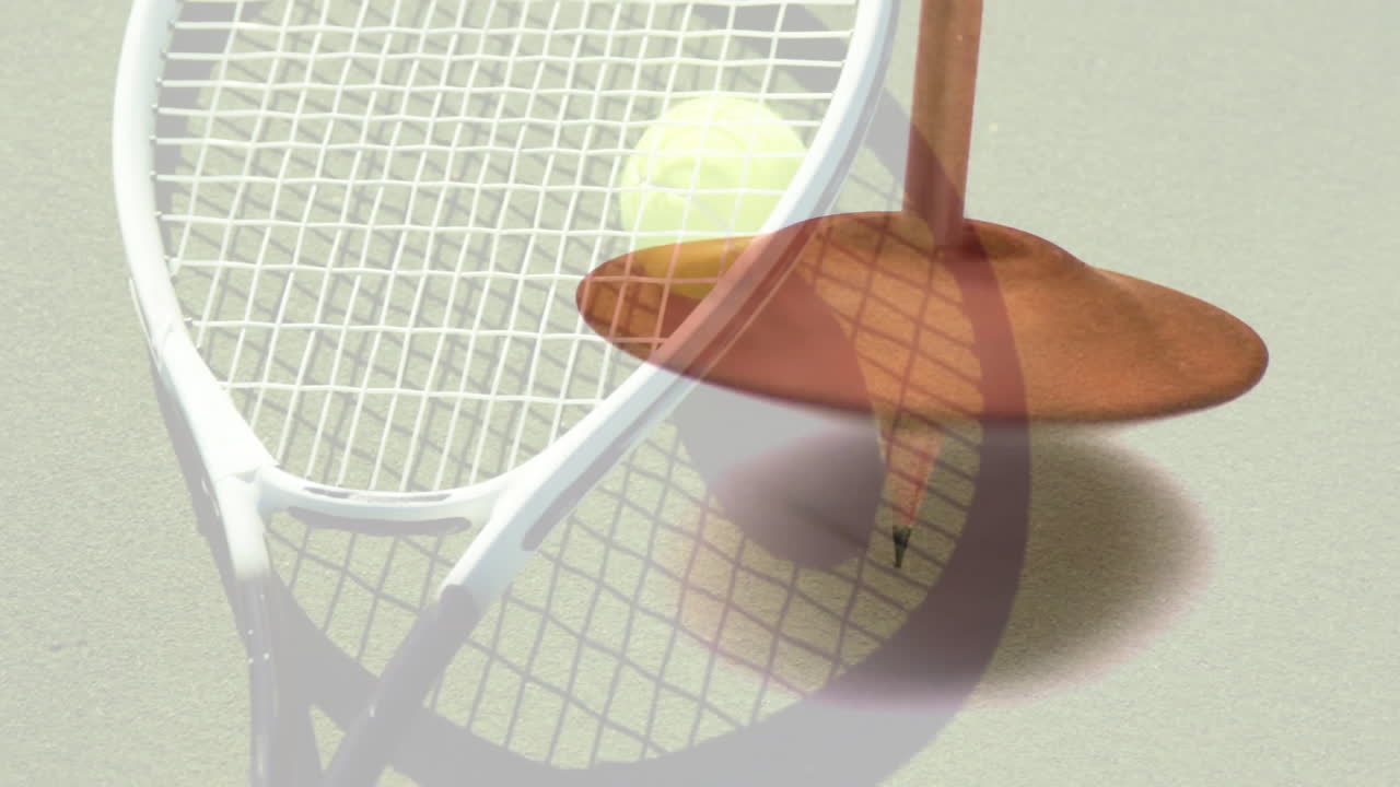 Tennis racket and ball with animated spinning top overlay in action