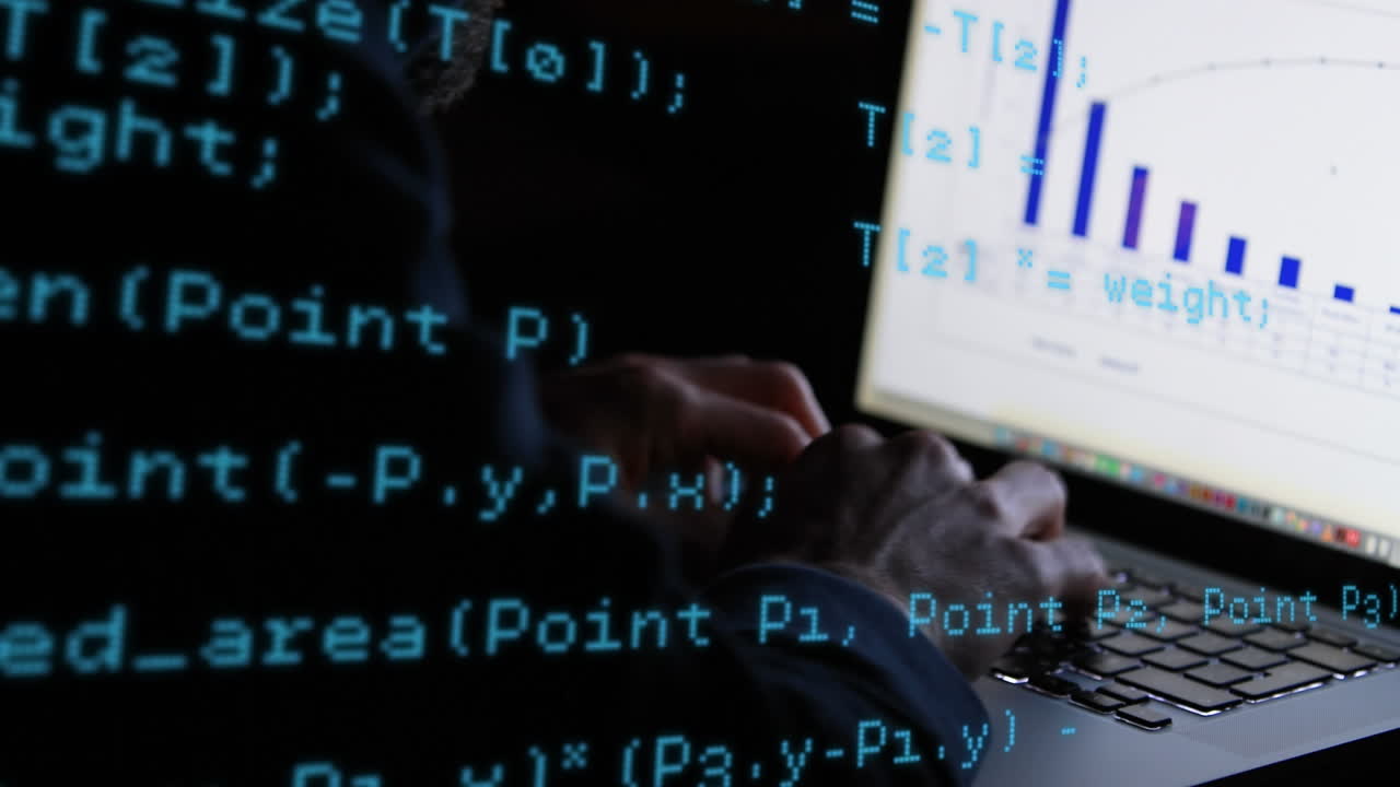 Animation of data processing over hands of male hacker using laptop