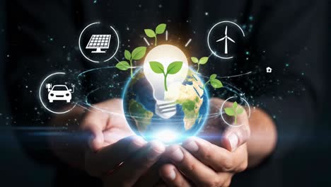 hands holding the earth with a lightbulb for green energy innovation