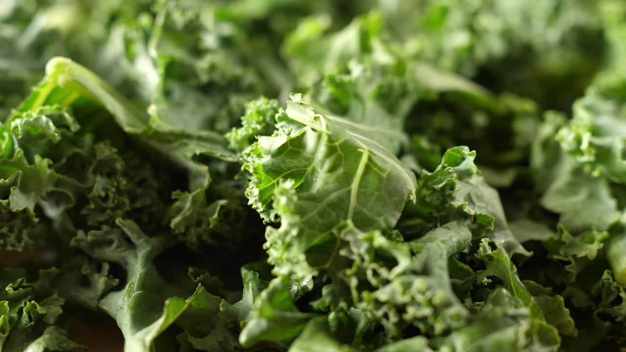 hojas verdes frescas de col rizado girando girando redondo macro primer plano