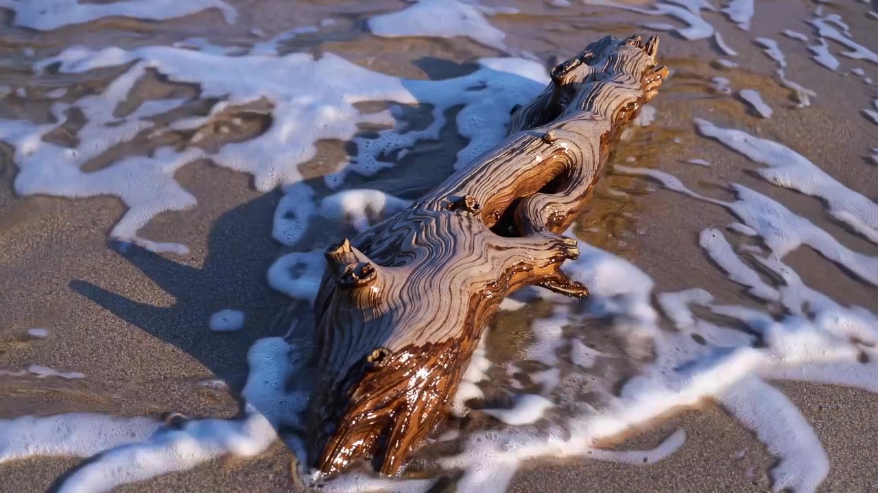 Tronco à Deriva Repousando na Orla da Praia Arenosa com Ondas Suaves