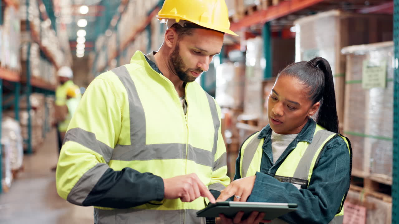 Warehouse workers inspecting inventory with a tablet