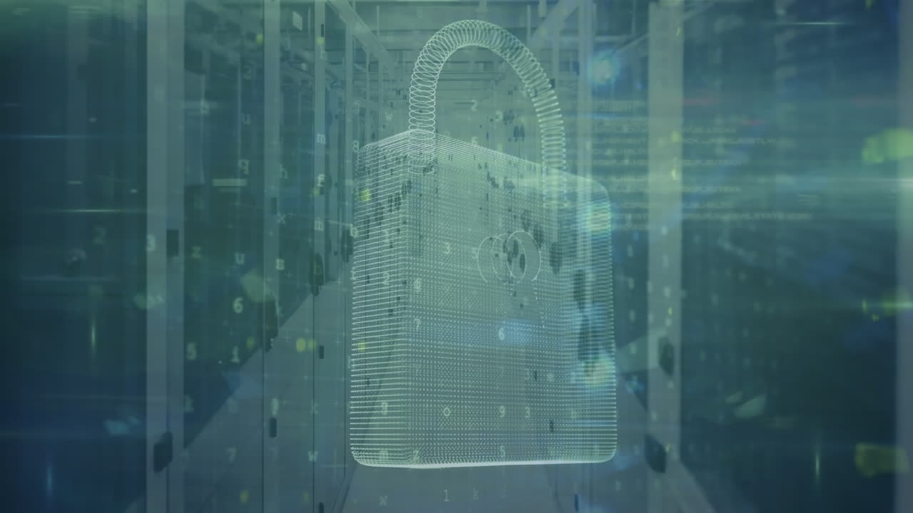 Animation of security padlock icon, digital wave and light spot against computer server room