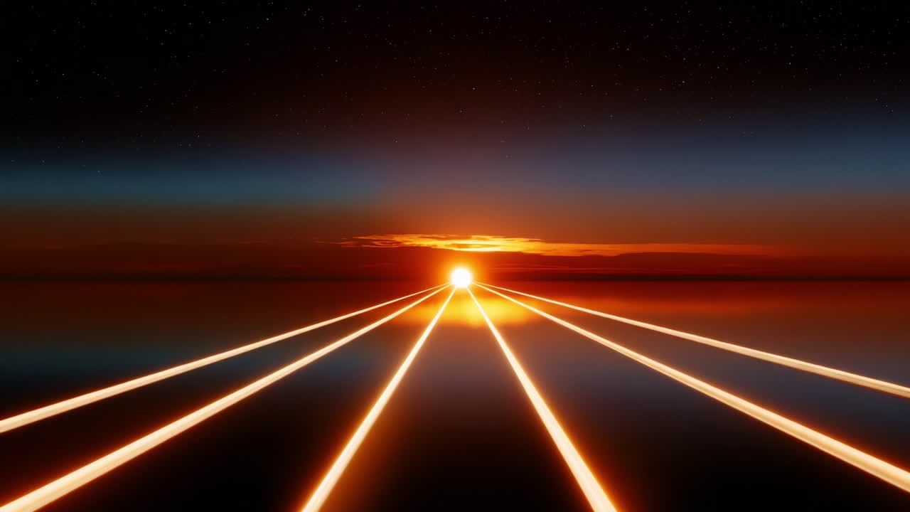 A mesmerizing view of an ethereal sunset, showcasing vibrant colors as the sun sets over a tranquil landscape with radiant light beams crossing the horizon, creating a stunning visual spectacle