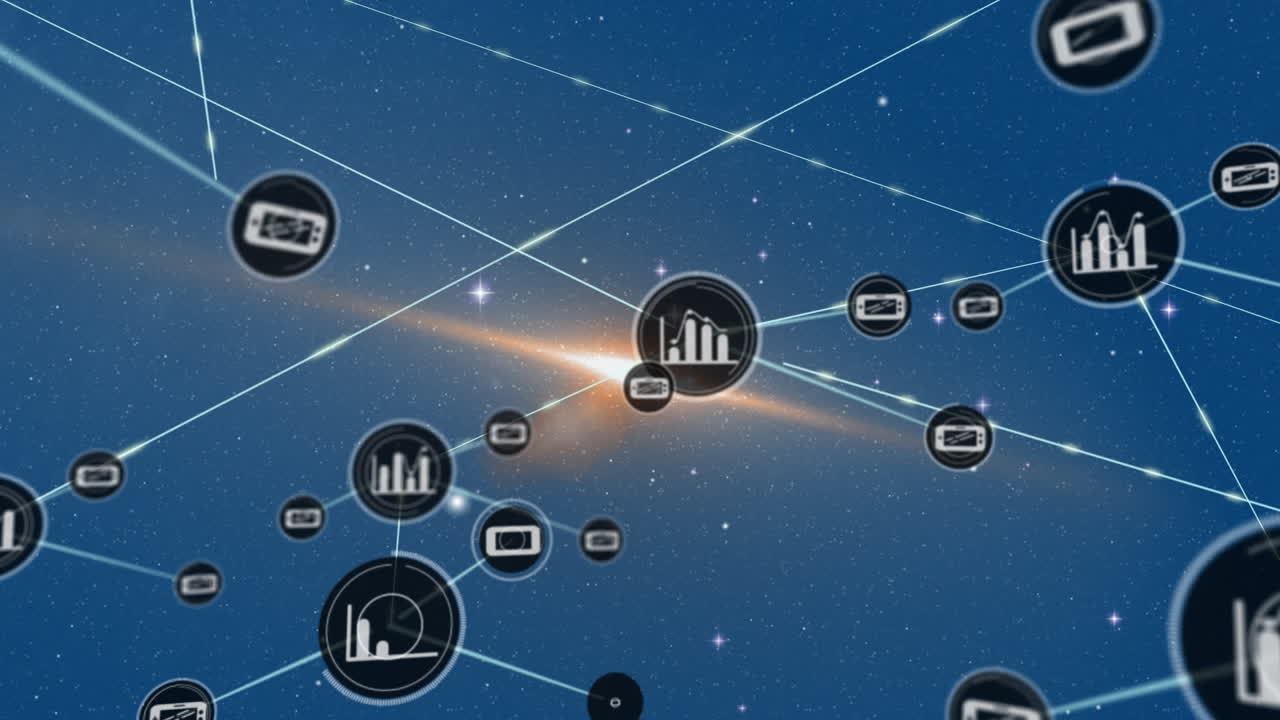 animación de iconos conectados sobre llamaradas de lentes y puntos contra fondo azul