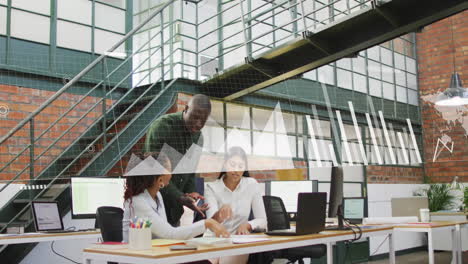 animation of statistical data processing against diverse colleagues discussing at office