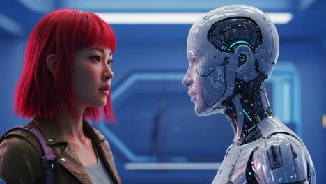 a remarkable encounter: a young woman with vibrant red hair stares intently at an advanced humanoid robot, highlighting the intersection of humanity and technology in a futuristic setting