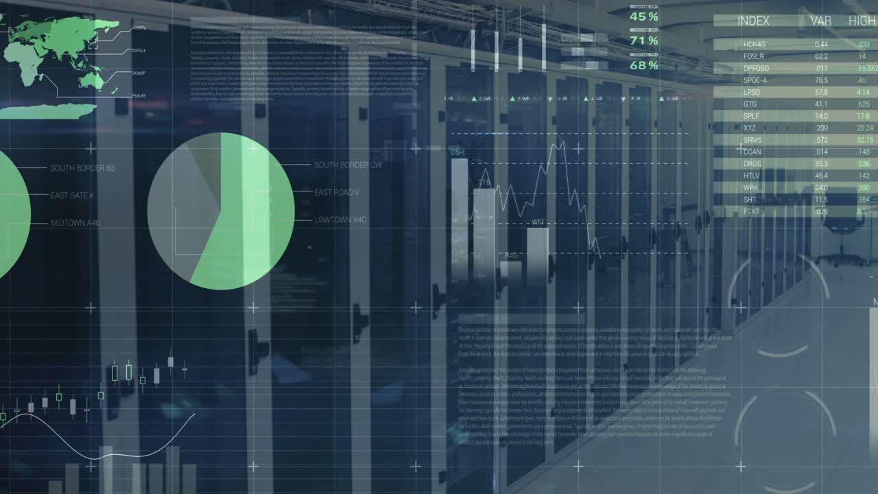 Incoming telemetry starting overlay, server racks receding while charts animating visualizing load