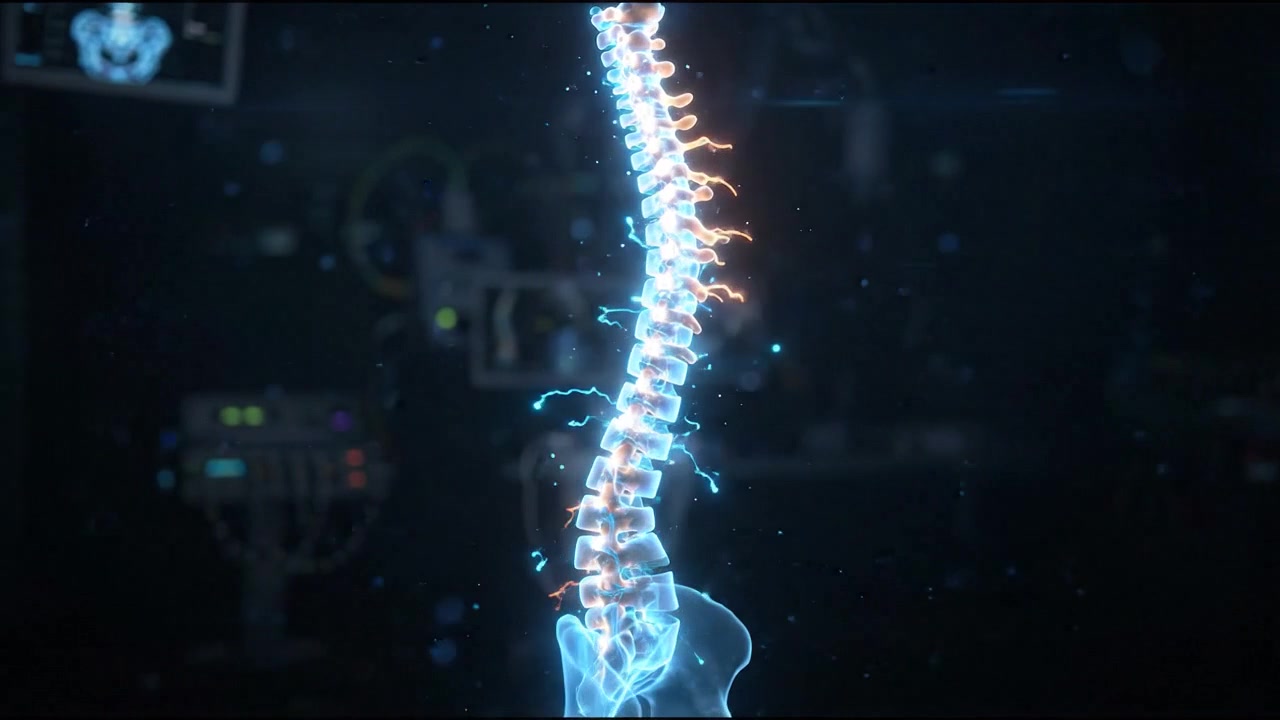 Colonna vertebrale umana interattiva luminosa all'interno di un corpo trasparente in piedi