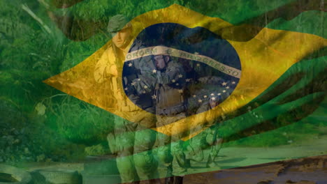 animation of flag of brazil over diverse soldiers