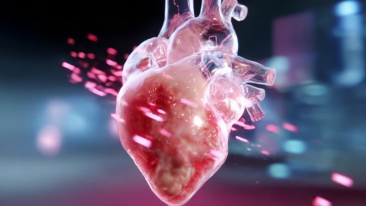 An intense visual exploration of a vivid and detailed human heart floating in a mystical digital landscape, showcasing the intricate structure and vibrant colors that symbolize life and emotion