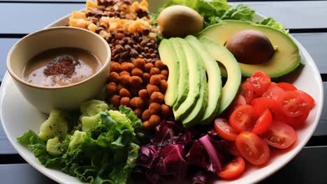 colorful vegan buddha bowl featuring fresh ingredients like tahini dressing, cherry tomatoes, avocado, roasted chickpeas, lettuce, radicchio, and sprouted lentils