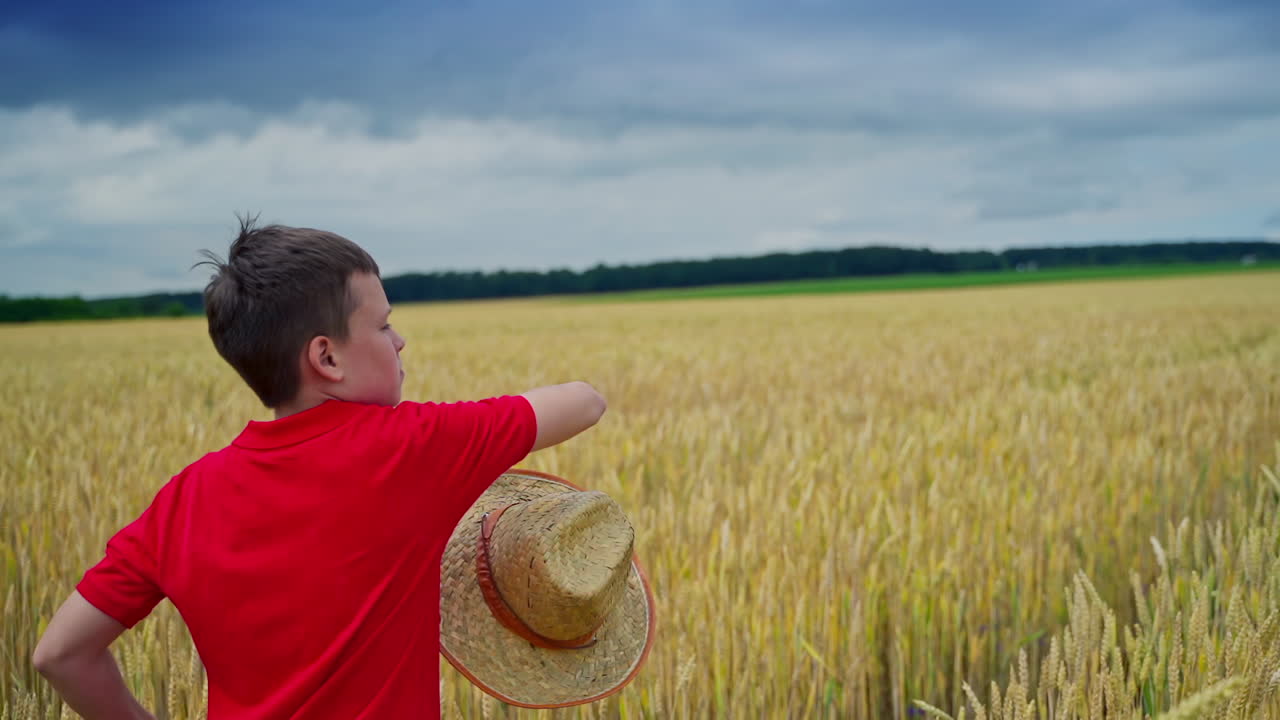 Boy with straw hat on field. Teen boy walking along the wheat field and taking off his hat. Cute child throws hat on agriculture land in summer.