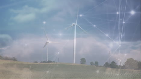 animación de la red de conexiones sobre el molino de viento giratorio contra las nubes en el cielo azul