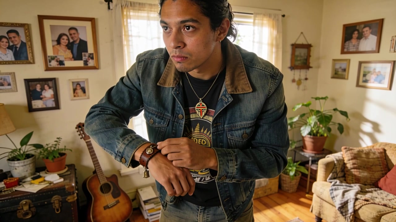 Homem de jaqueta jeans ajustando e prendendo punho de couro e relógio em uma sala de estar ensolarada, ouvindo uma voz.