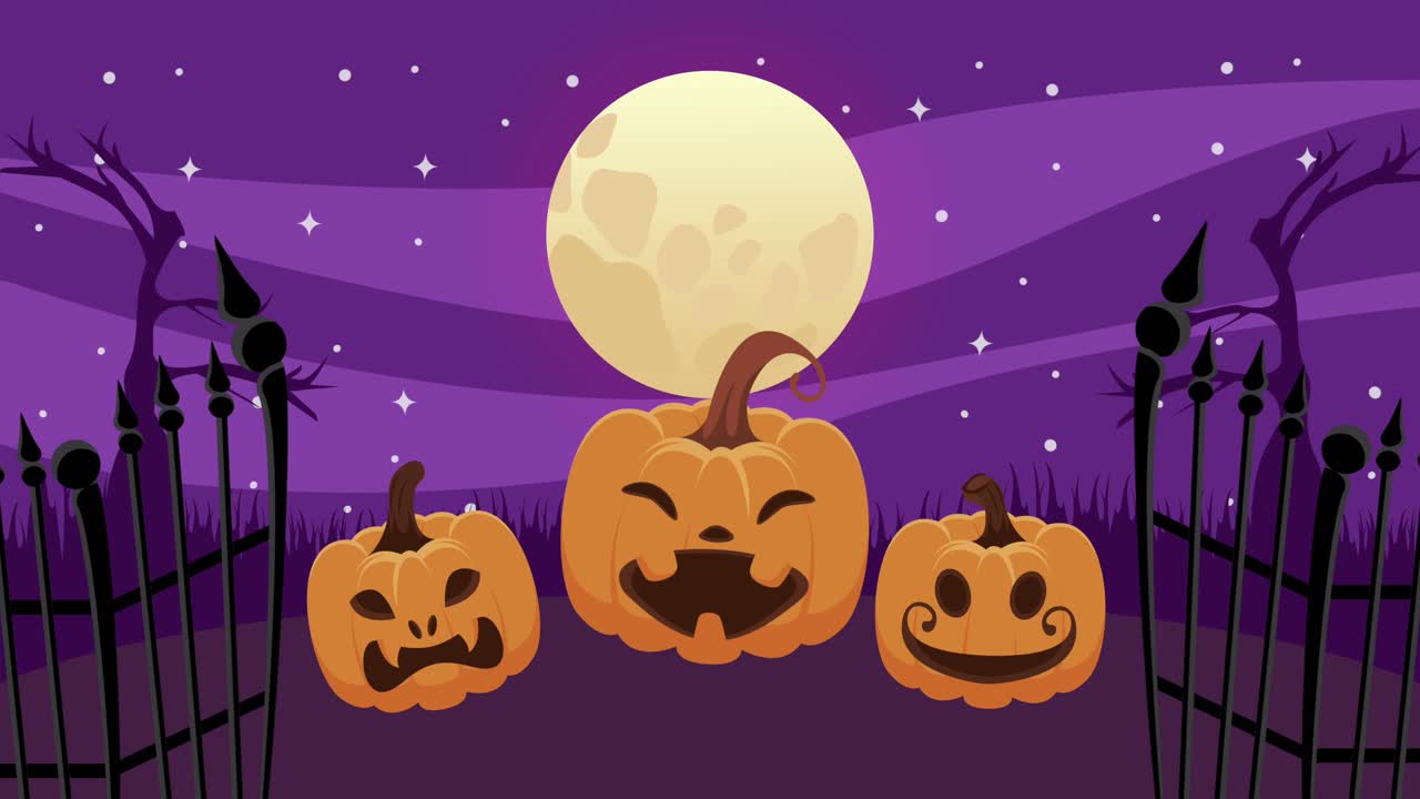 feliz animación de halloween con calabazas y puerta del cementerio