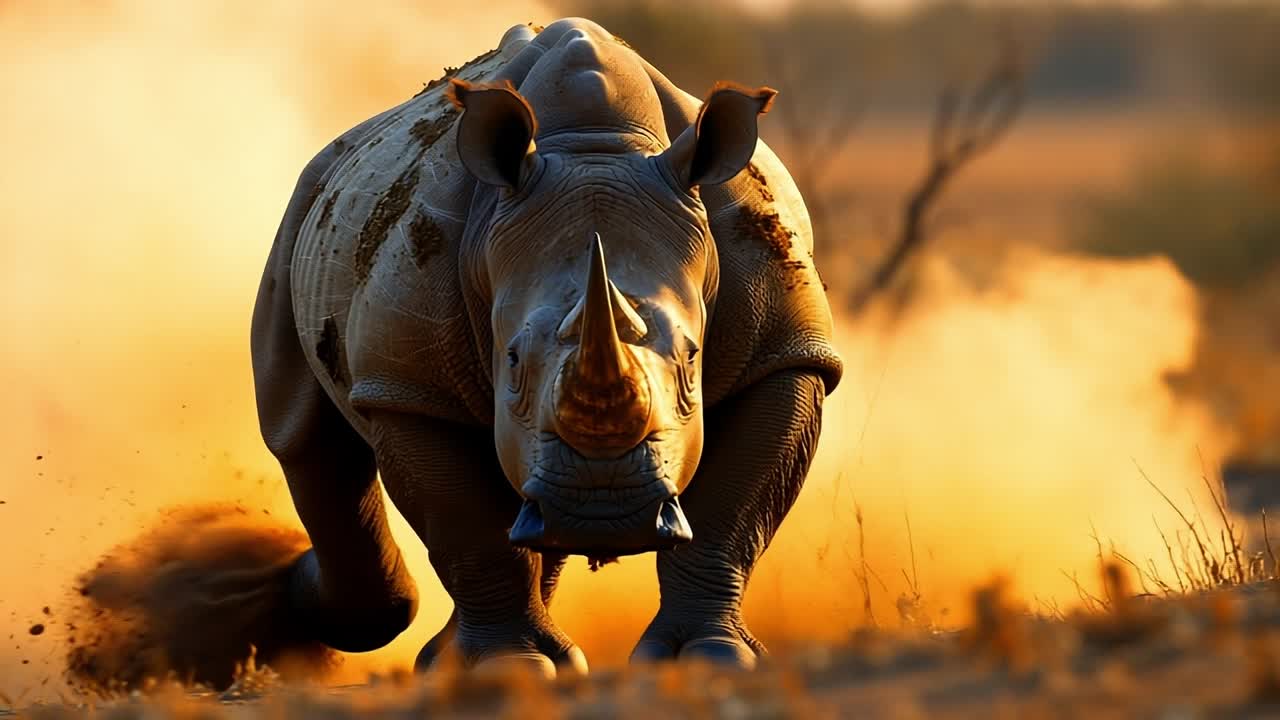 Running rhinoceros in golden sunset. A rhinoceros charges through dust in a savanna at sunset, showcasing its power in the fading light of day.