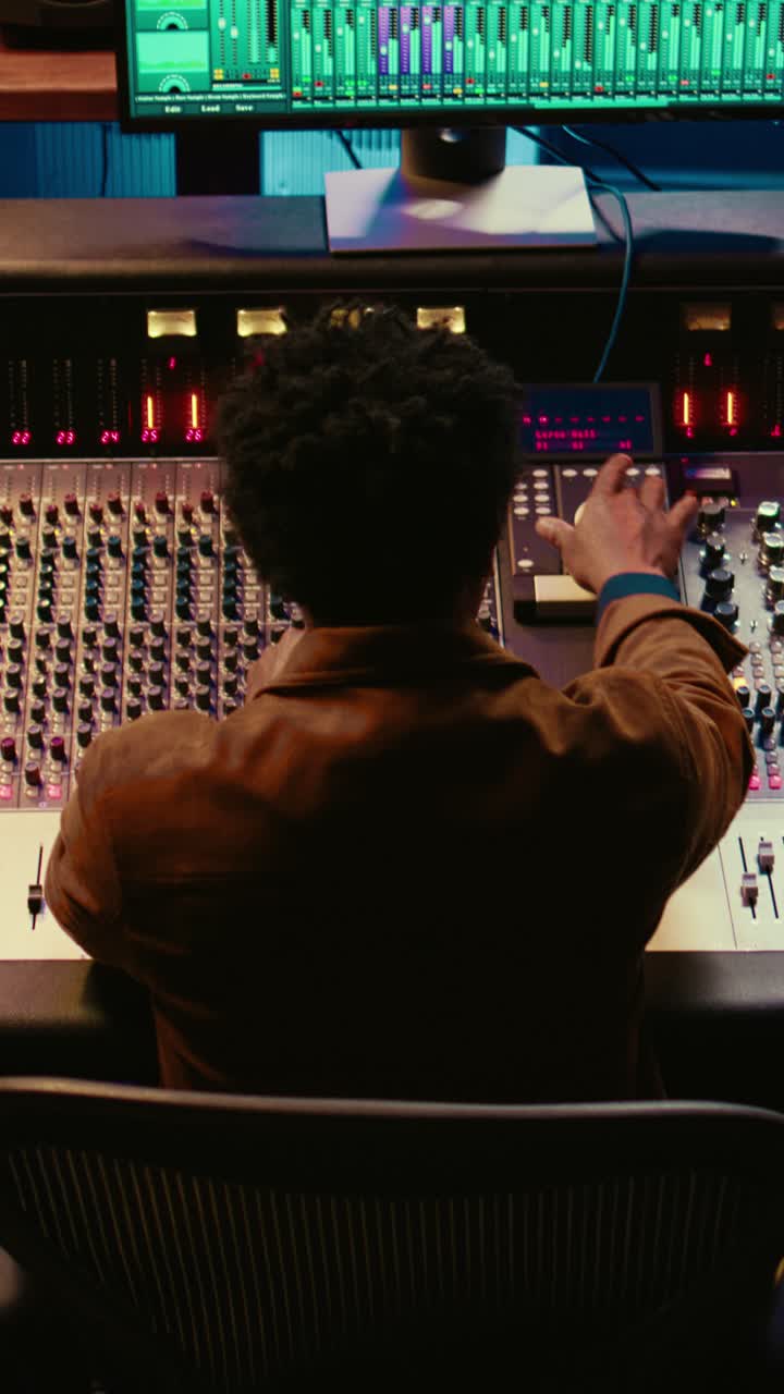 Sound Engineer Working on Mixing Console in Recording Studio