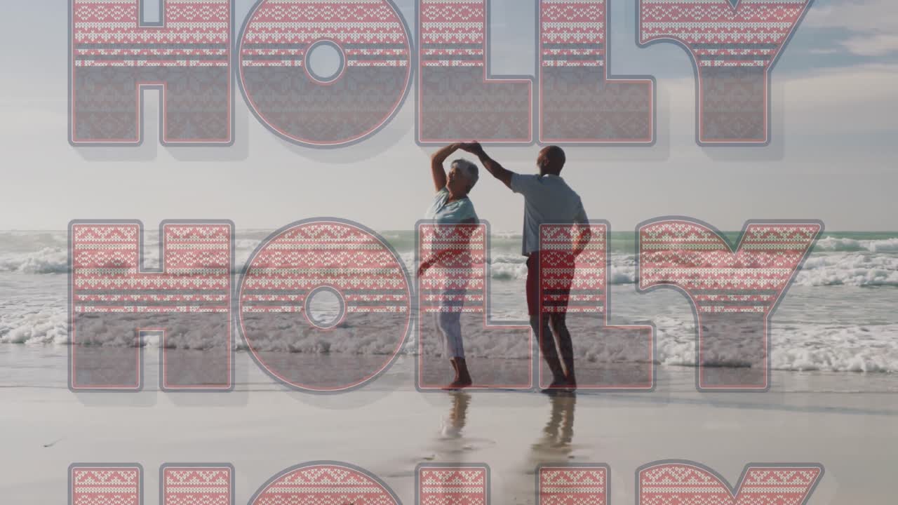 크리스마스 홀리 인사 문자 해변에서 시니어 다양한 커플