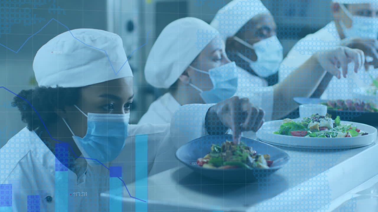 얼굴 마스크를 착용하여 요리를 준비하는 다양한 요리사에 대한 데이터 처리 애니메이션