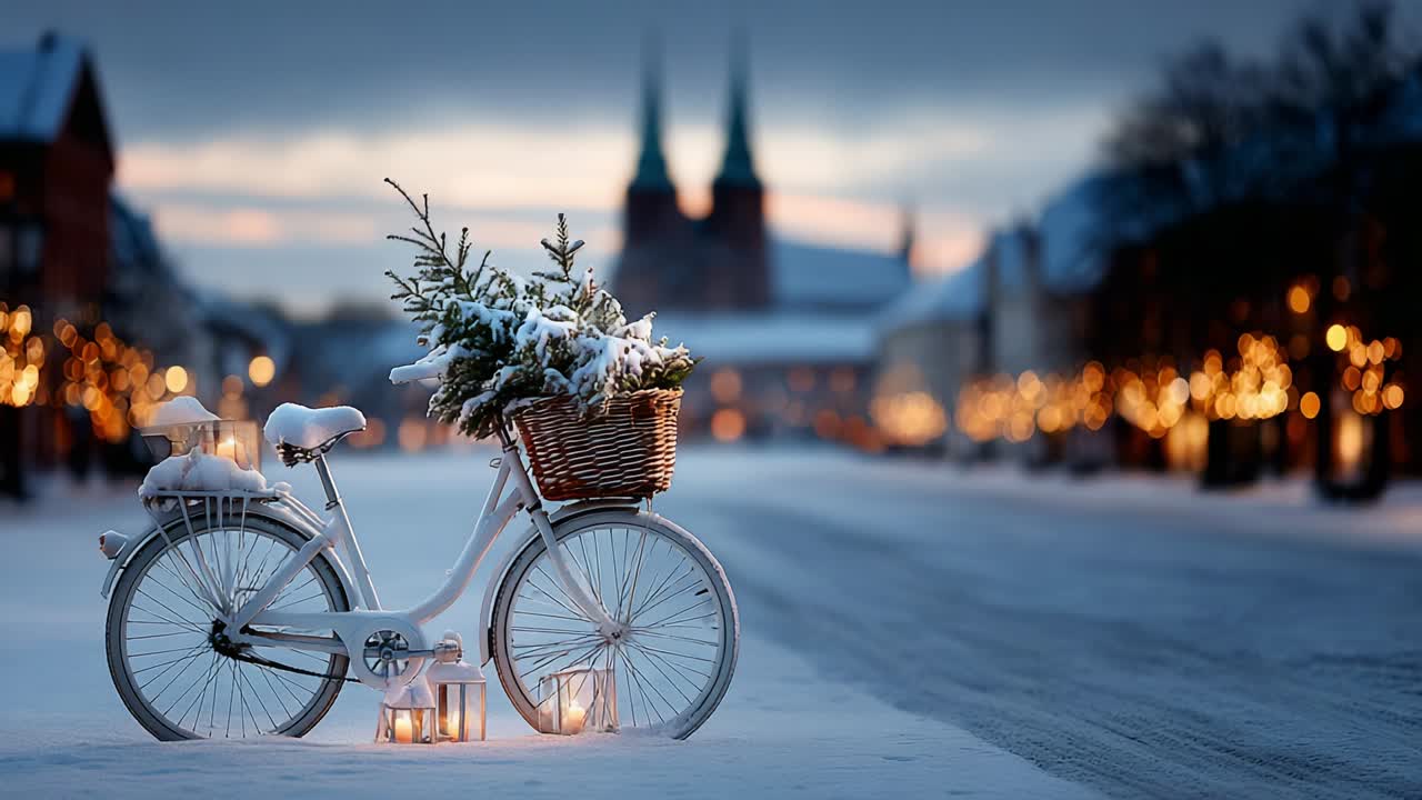 A picturesque scene of a vintage bicycle adorned with a festive Christmas tree, resting on a snow-covered street, illuminated by soft lights, creating a magical winter atmosphere during the holiday season
