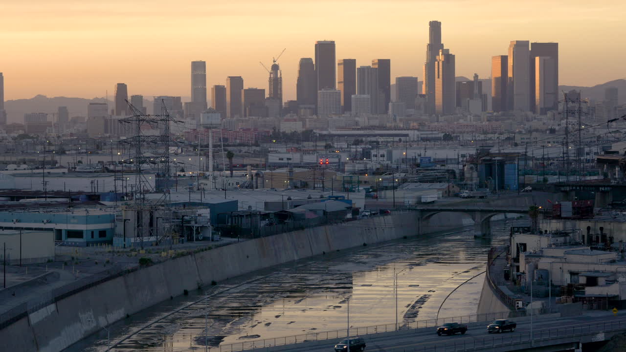 Los Angeles Downtown Skyline and River at Sunset