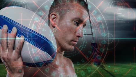 animación de la exploración del alcance sobre el jugador de rugby caucásico con la pelota en el estadio