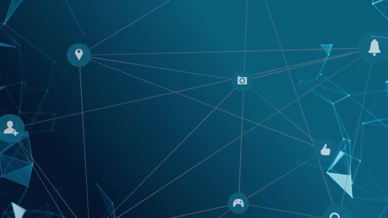 Animation of network of media icons moving on blue background