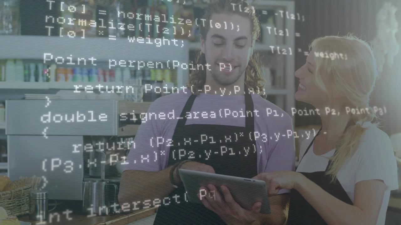 Baristas tippen auf ein Tablet, aktualisieren eine Einblendung und zeigen HTTP-Anfragen oder Geometrie-Routinen zur Überprüfung