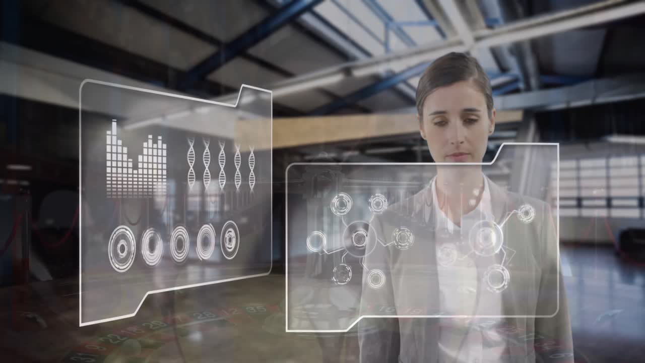 animación del procesamiento de datos financieros sobre una mujer de negocios caucásica