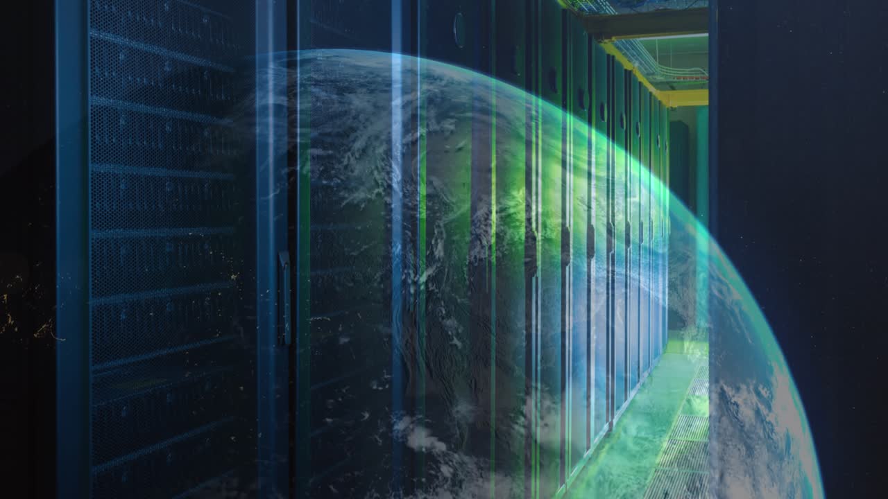 Animation of moving globe and lens flare against server room in background