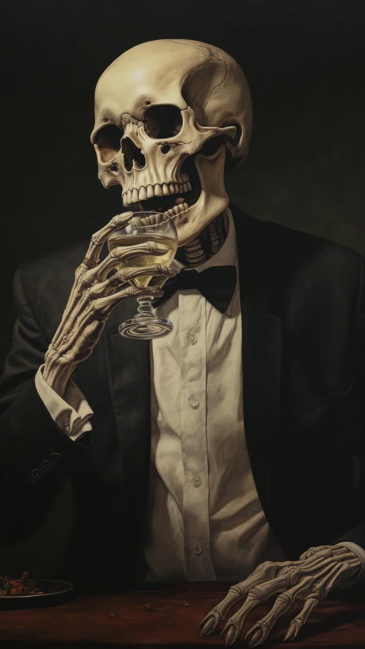 A skeleton in a tuxedo sips a drink, captured from a frontal angle