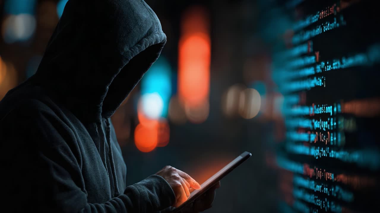 Una figura misteriosa con una felpa con cappuccio impegnata in attività digitali tra codice luminoso e atmosfera urbana