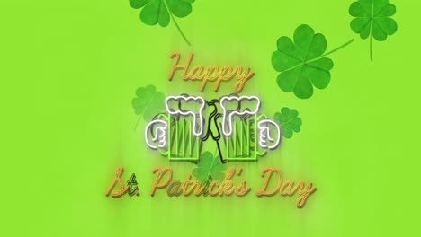 Animación-Del-Texto-Del-Día-De-San-Patricio,-Trébol-Y-Vasos-De-Cerveza-Sobre-Fondo-Verde