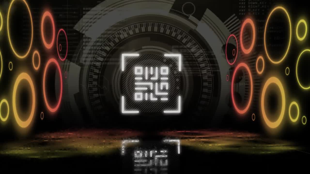 escáner de código qr con elementos de neón contra el escáner de alcance redondo