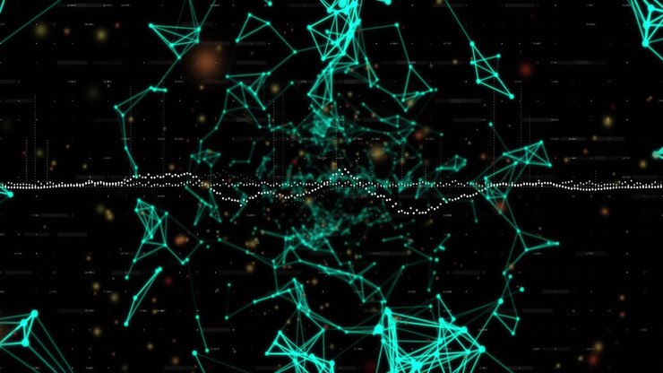 Animation of data processing and network of connections over black background