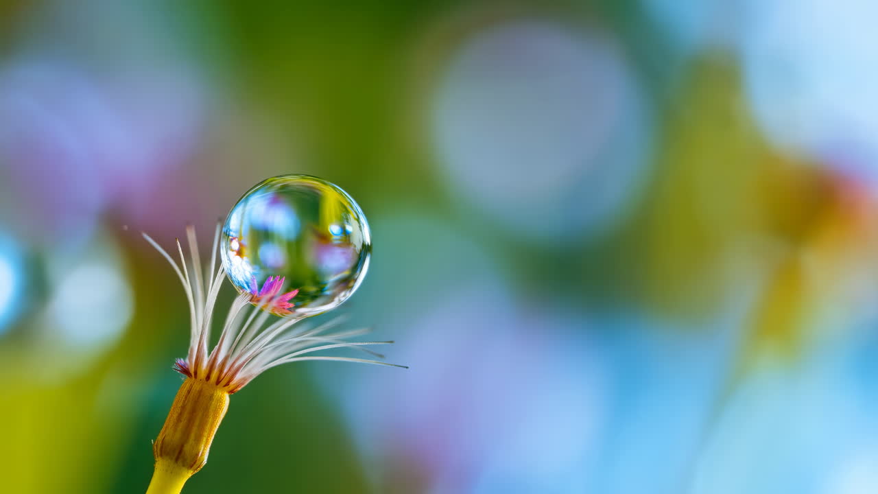 Primo piano di una goccia d'acqua che riflette bokeh colorato su una pianta