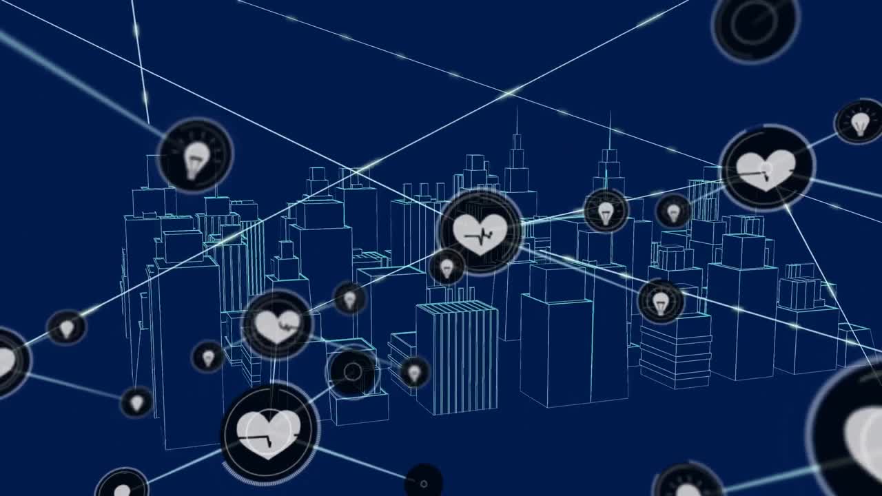 아이콘과 도시 풍경과의 연결 네트워크의 애니메이션